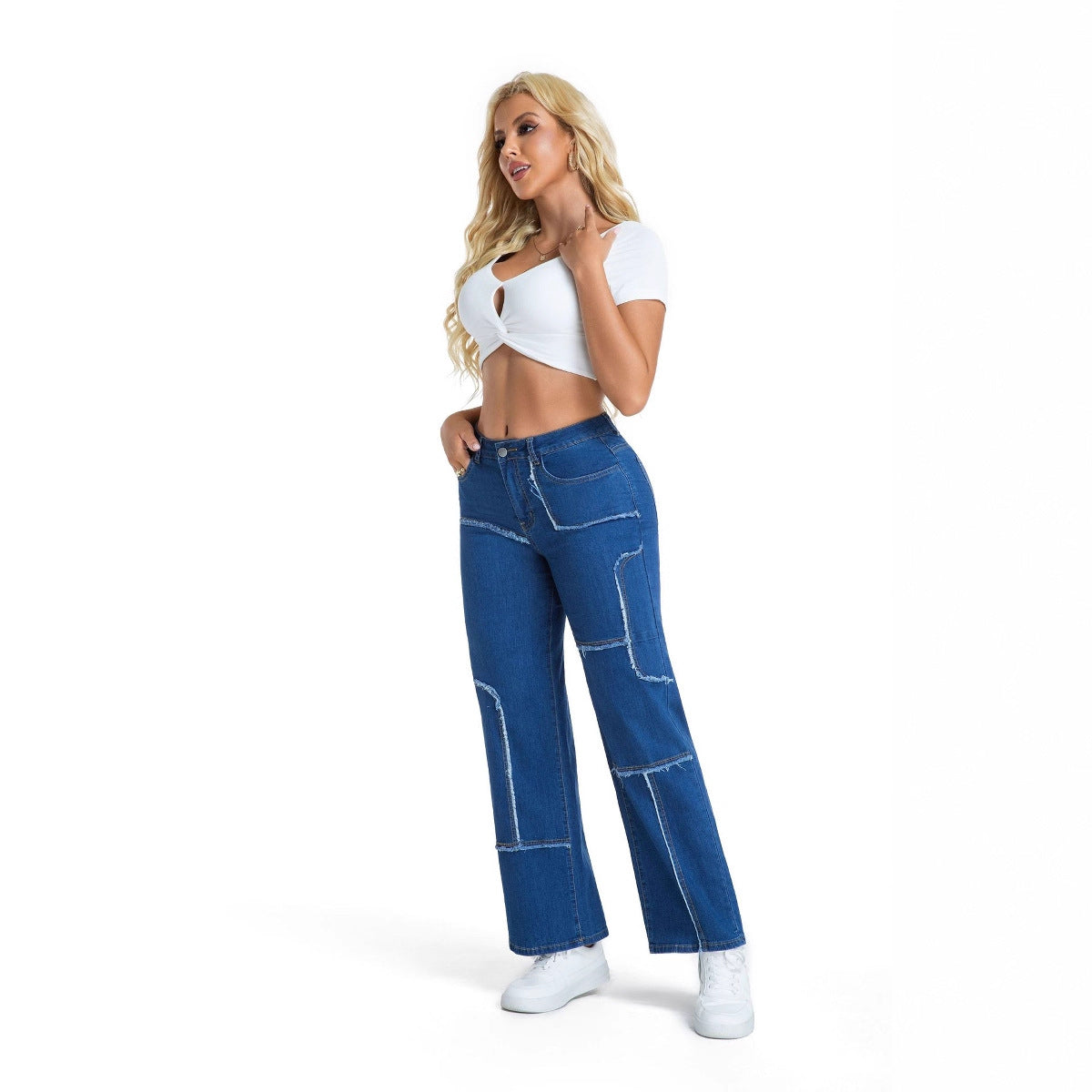 Women's Loose Straight-Leg Cargo Mid-Rise Wide-Leg Denim Pants