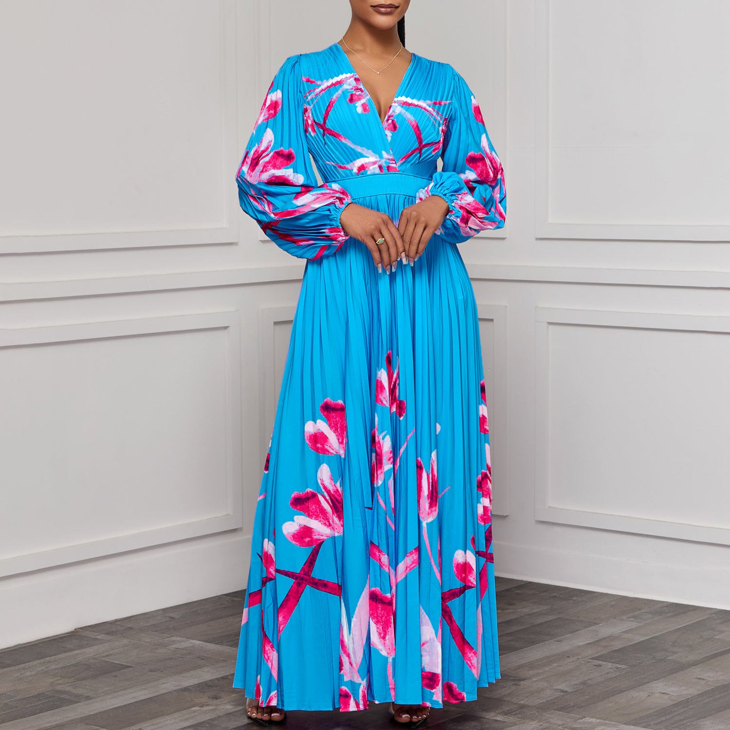 Women's V-Neck Long Sleeve Printed Pleated Chic Long Dress 3