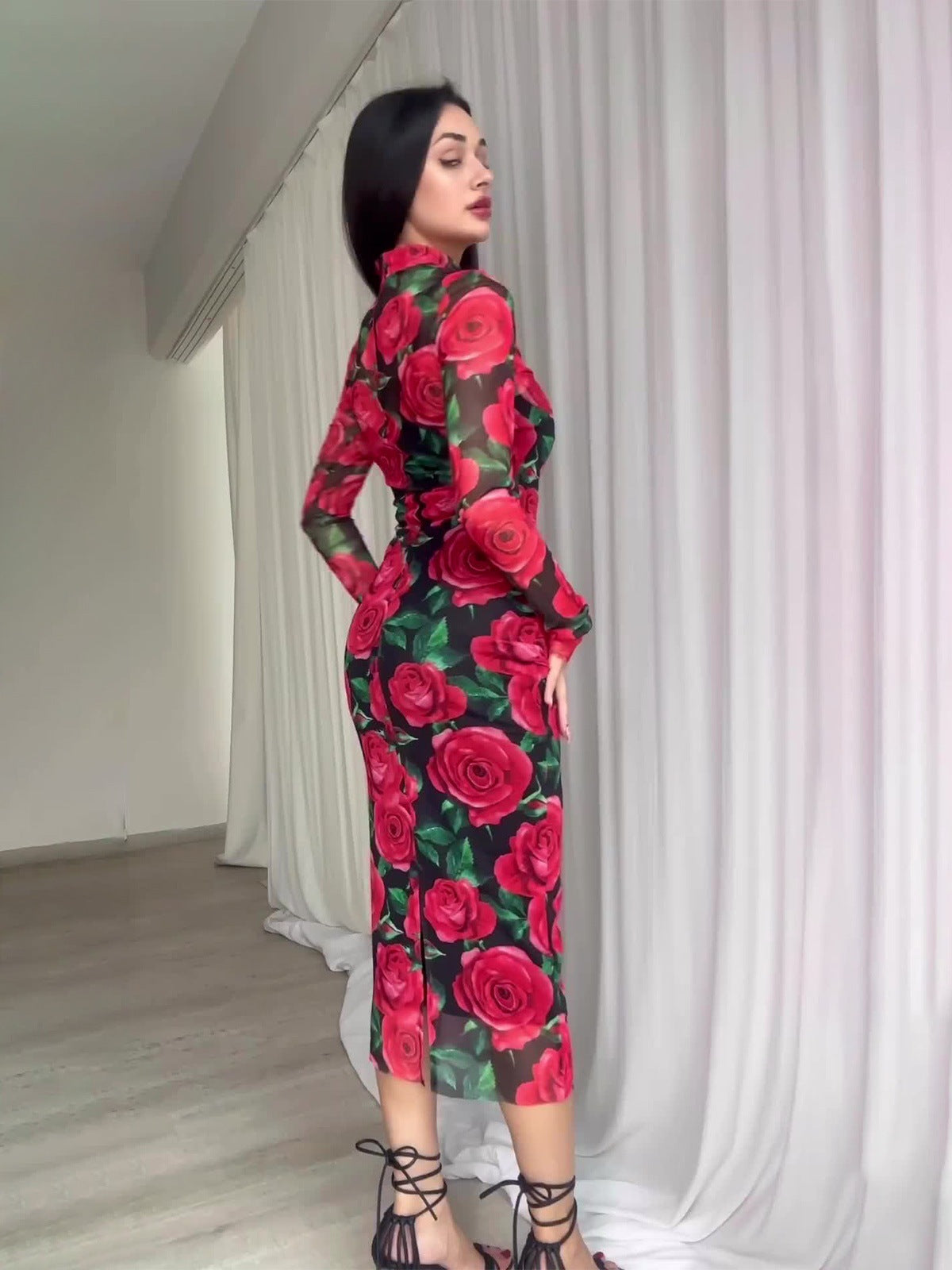 Spring Floral Print Long Sleeve Midi Dress 6