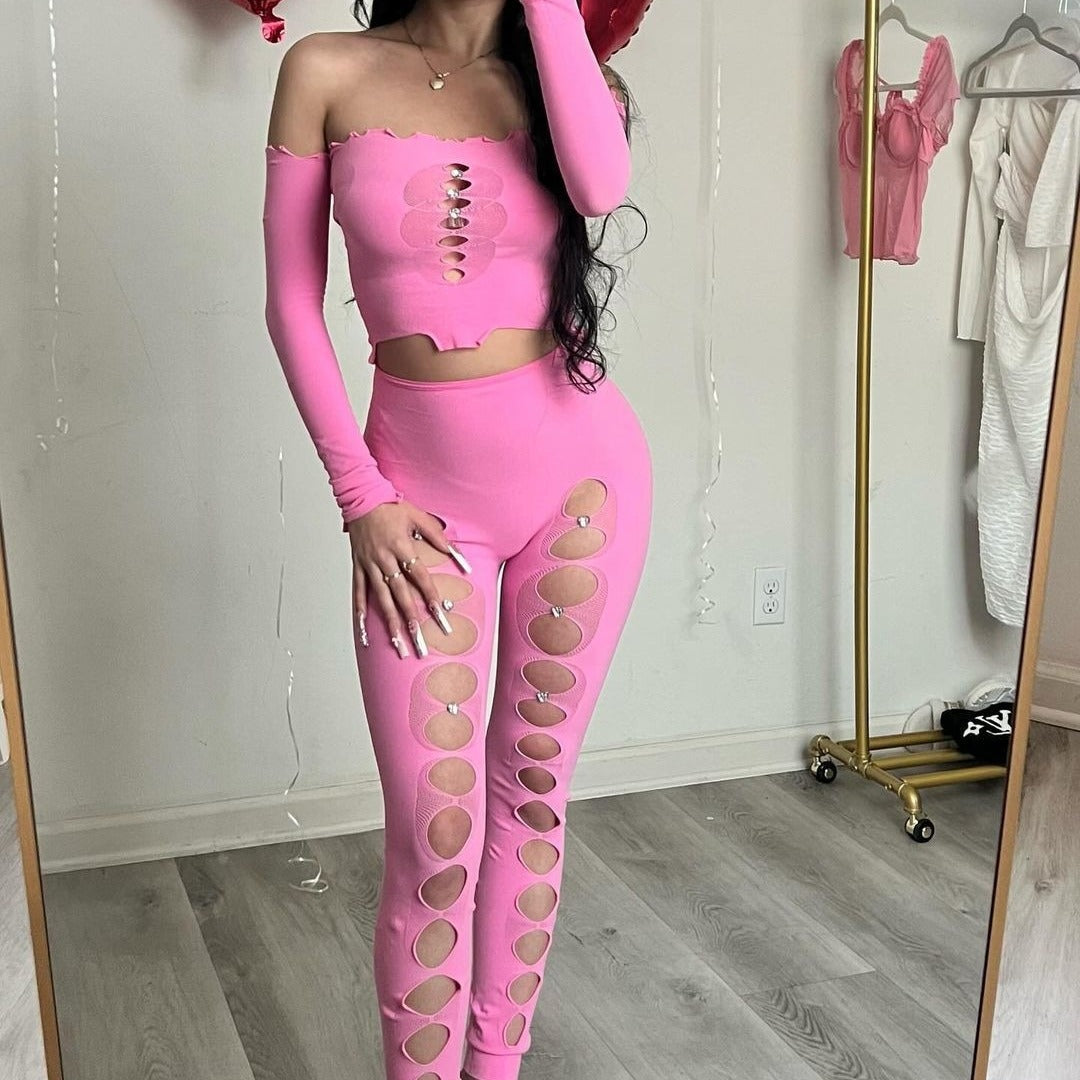 Summer Plus Size Women Hollow Sexy Solid Off Shoulder Crop Top and Pant Two Piece Set 6