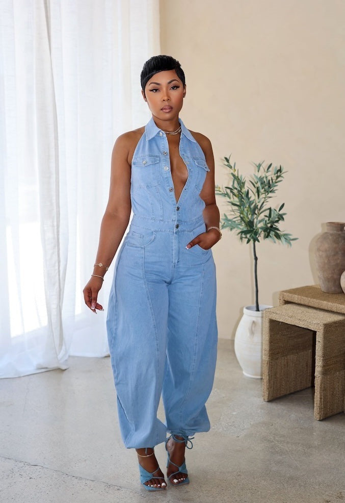 Sleeveless Low Back Washed High Stretch Casual Denim Jumpsuit 13