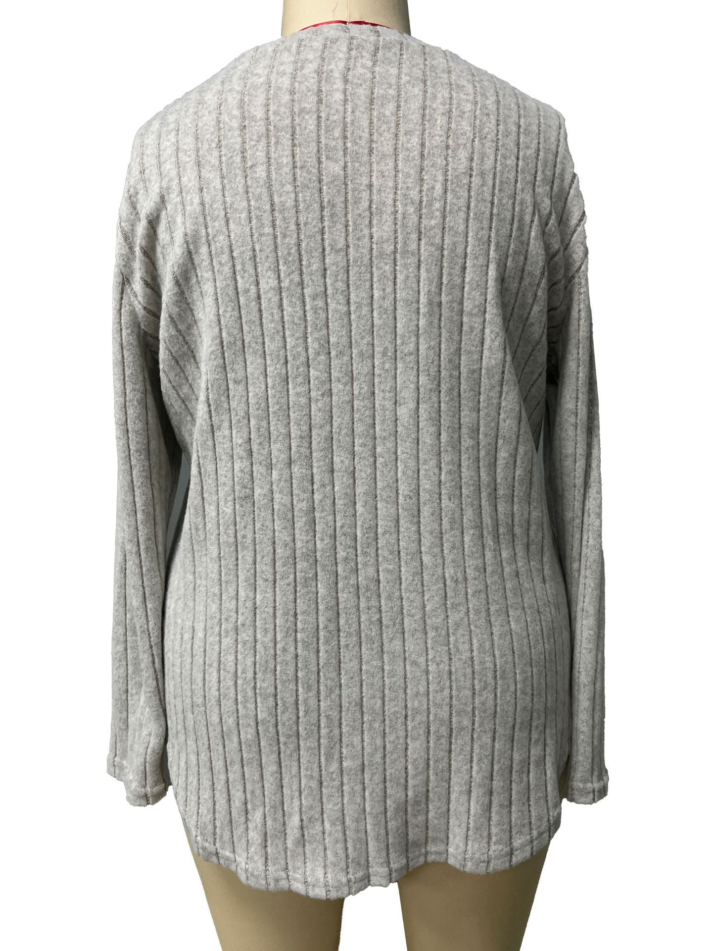 Women's Autumn Winter Solid Color Ribbed V-Neck Plus Size Pullover Top 34