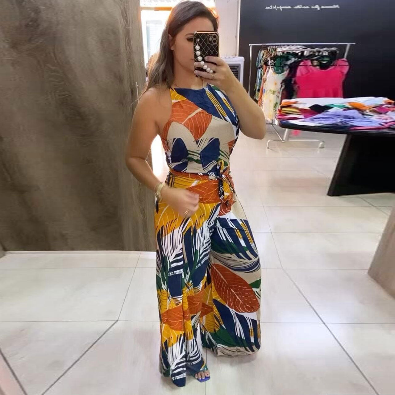 Sexy Fashion Multicolor Print Belt Sleeveless Jumpsuit 5