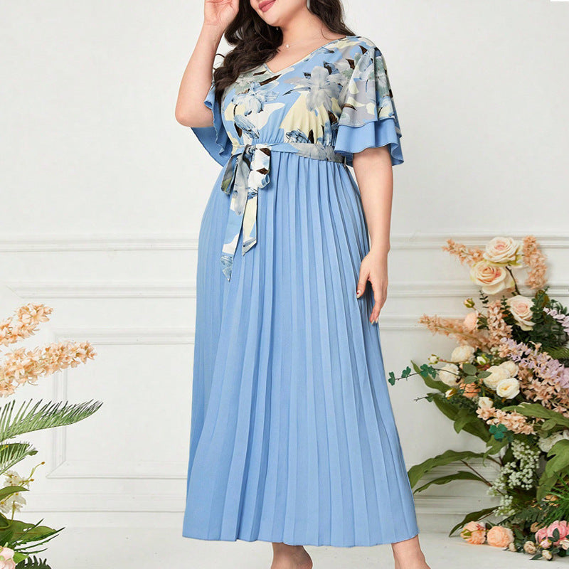 Plus size Women trendy pleated summer print v-neck dress 5