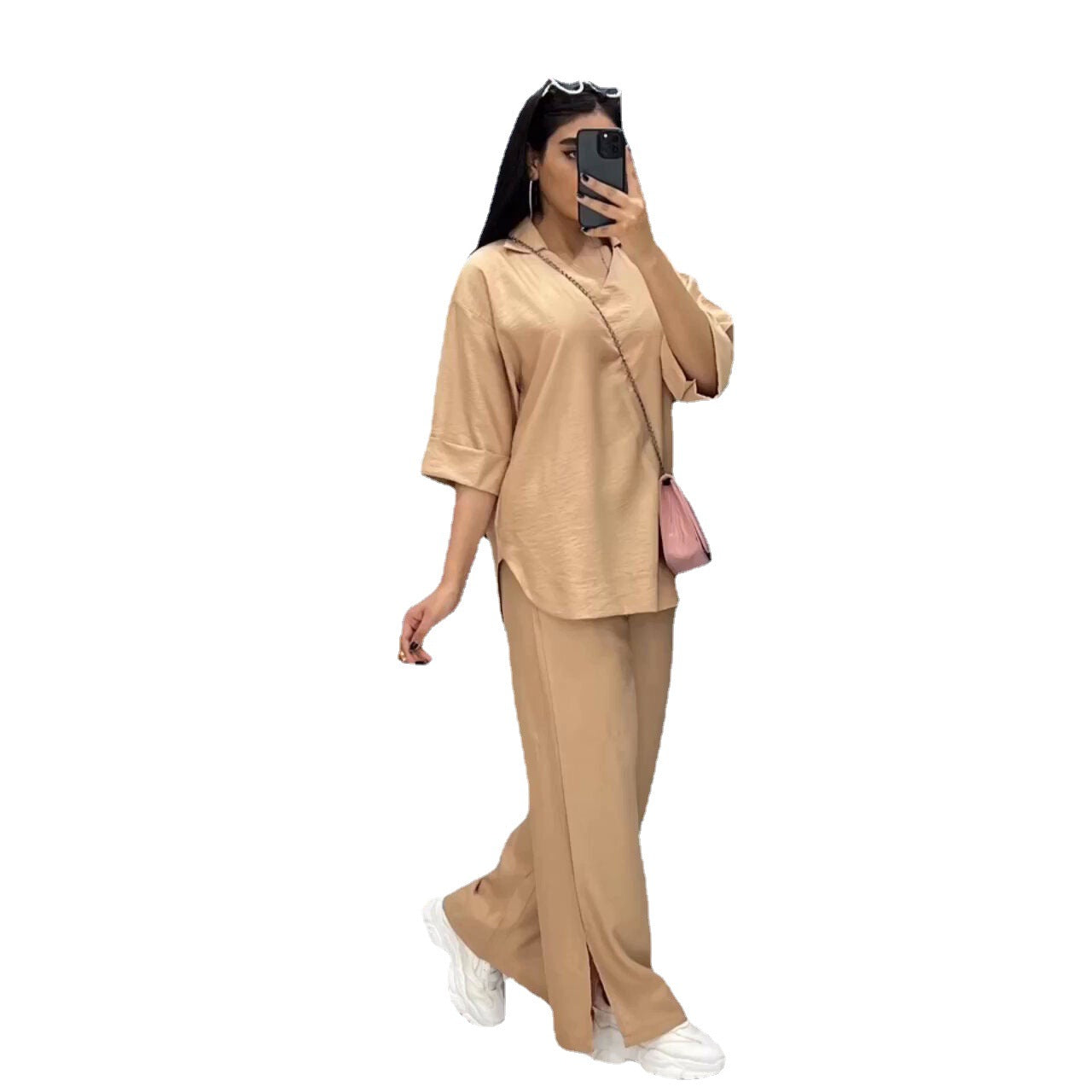 Plus Size Women Loose Top and Slit Wide Leg Pants Two-piece Set 8