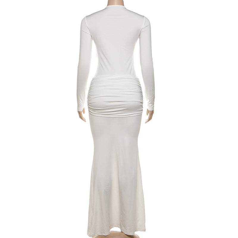 Autumn Fashion Elegant Solid Color Round Neck Patchwork High Waist Bodycon Dress 9