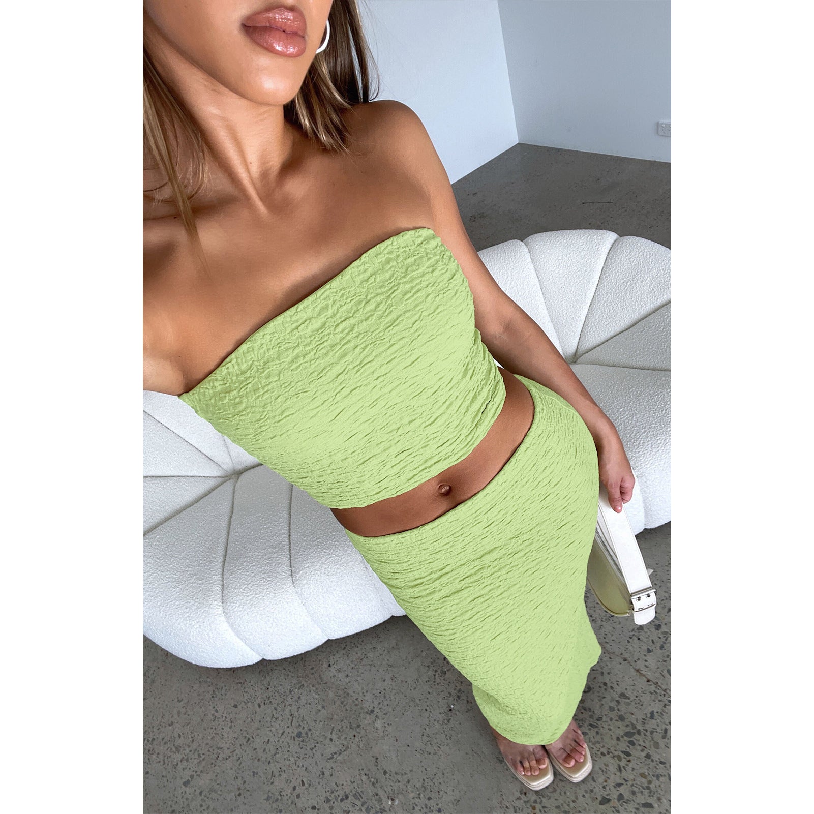 Women's Solid Strapless Top Slit Skirt Set Two Piece Set 7