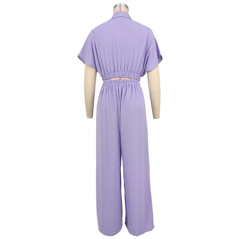 Women african solid turndown collar v neck top wide leg pants two piece set 13