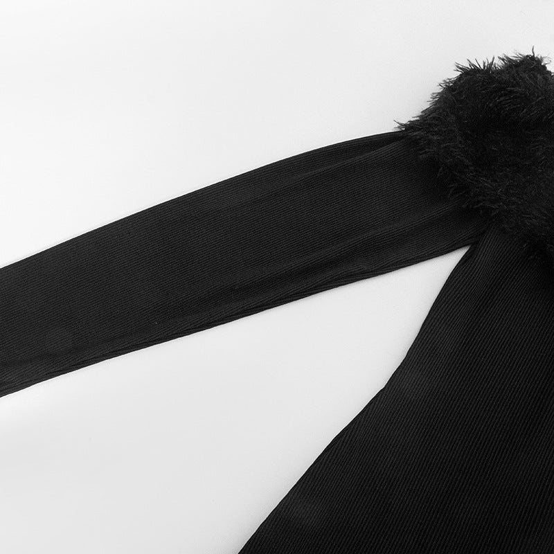 Women Solid Long Sleeve Off Shoulder Patchwork Furry Sexy Mini Dress 13