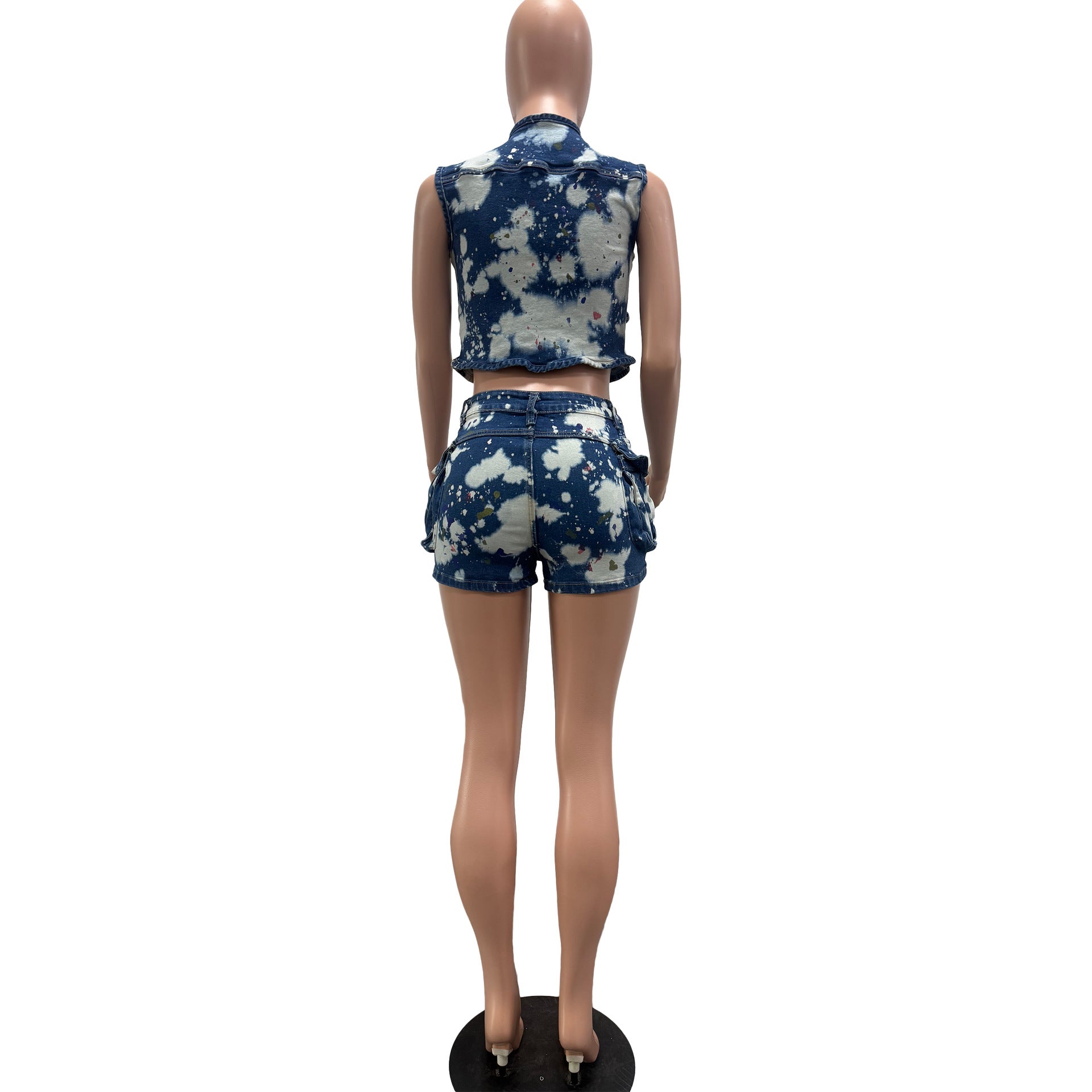 Printed Multi-Pocket Denim Vest Shorts Two Piece Set 7