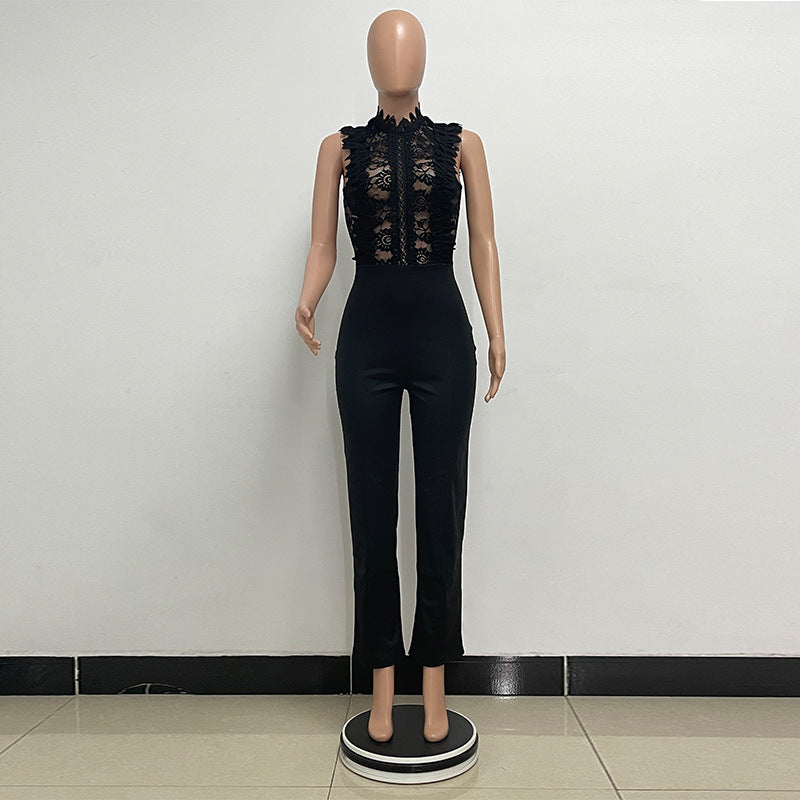 Women's High Neck Fashion Sleeveless Lace Patchwork Straight Leg Women's Jumpsuit 10