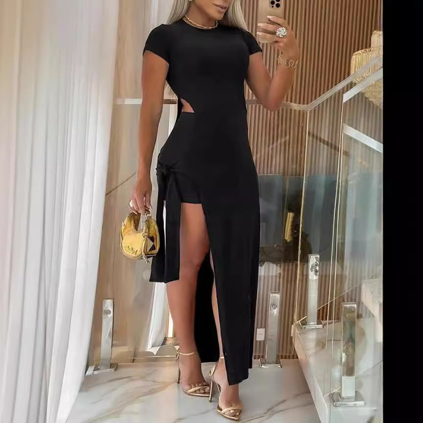 Spring Summer Solid Color Slim Sexy Slit Dress  Shorts Two Piece Set