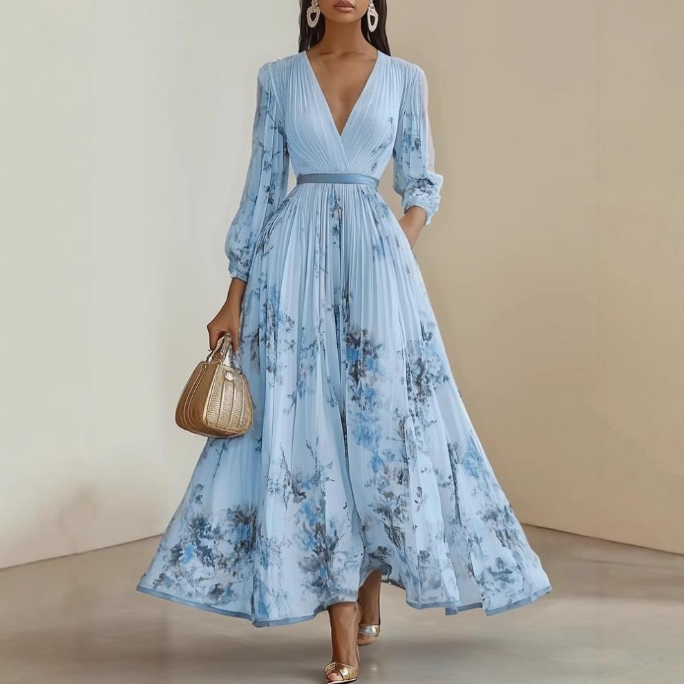 Women's Digital Print V-Neck Long-Sleeve Pleated Maxi Dress 3