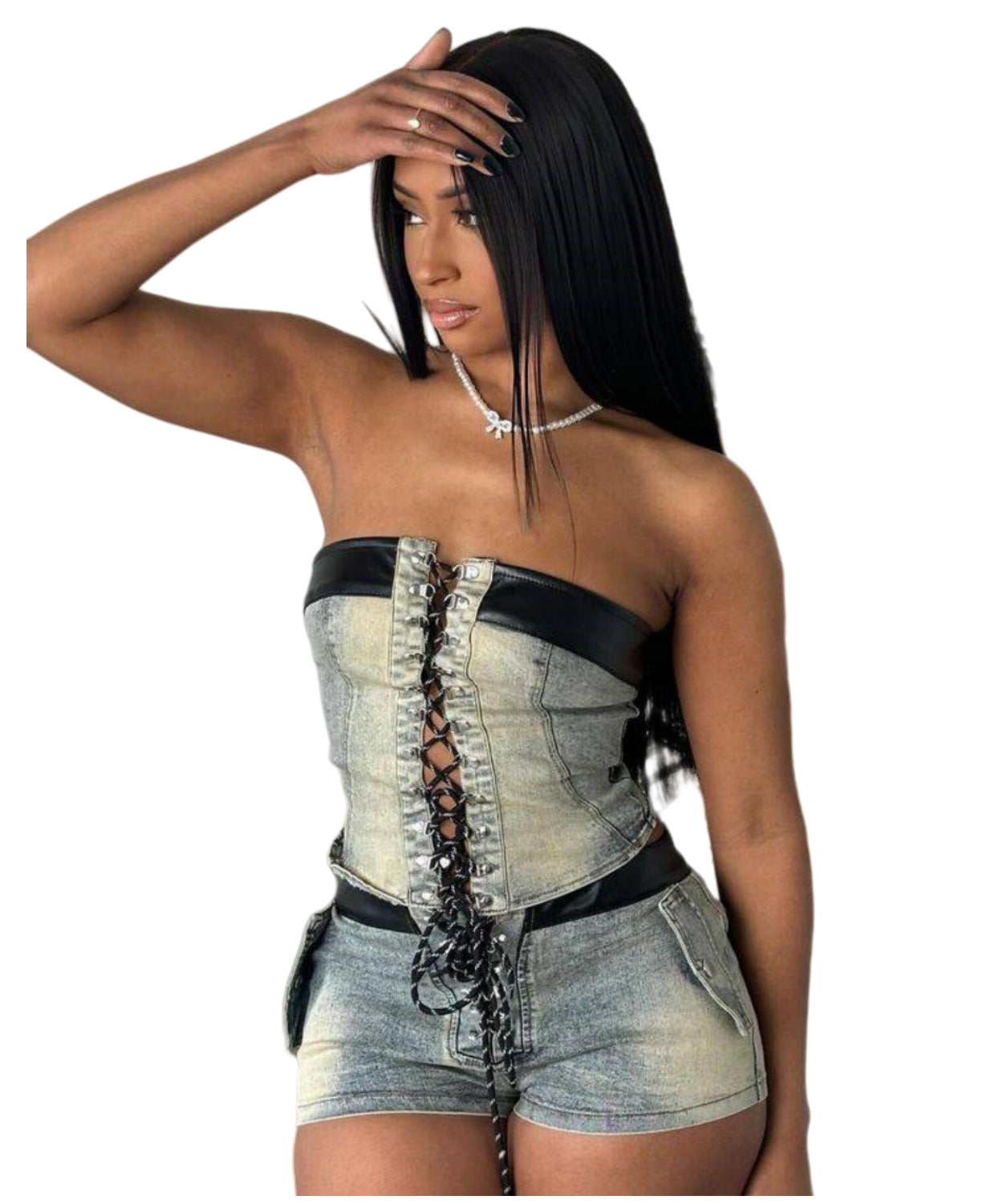 Women Stretch Denim Strapless Lace-Up Top and Shorts Two-piece Set 8