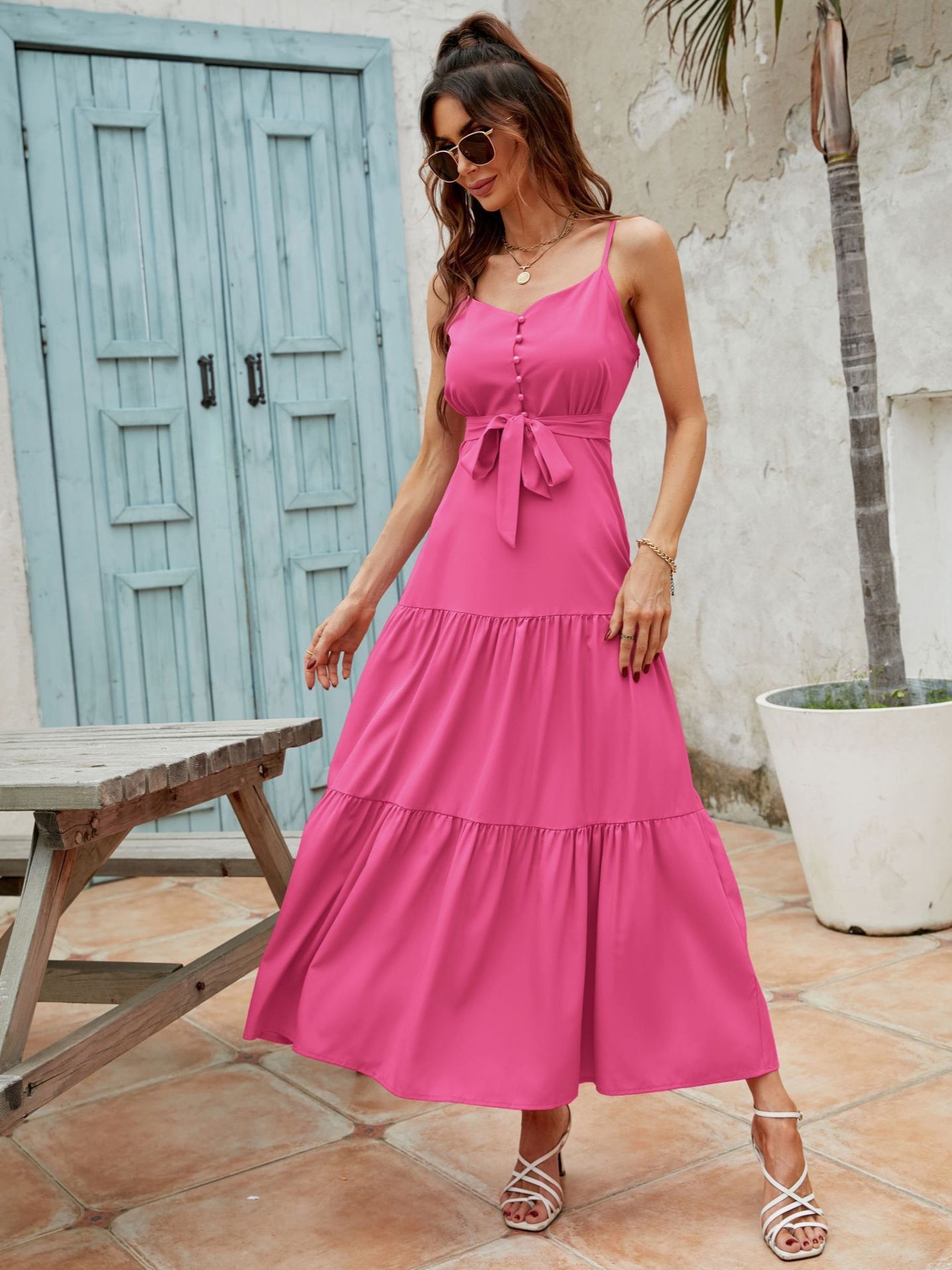 Women's Chic Buttoned V-Neck Sleeveless Strappy Solid Color Dress 6