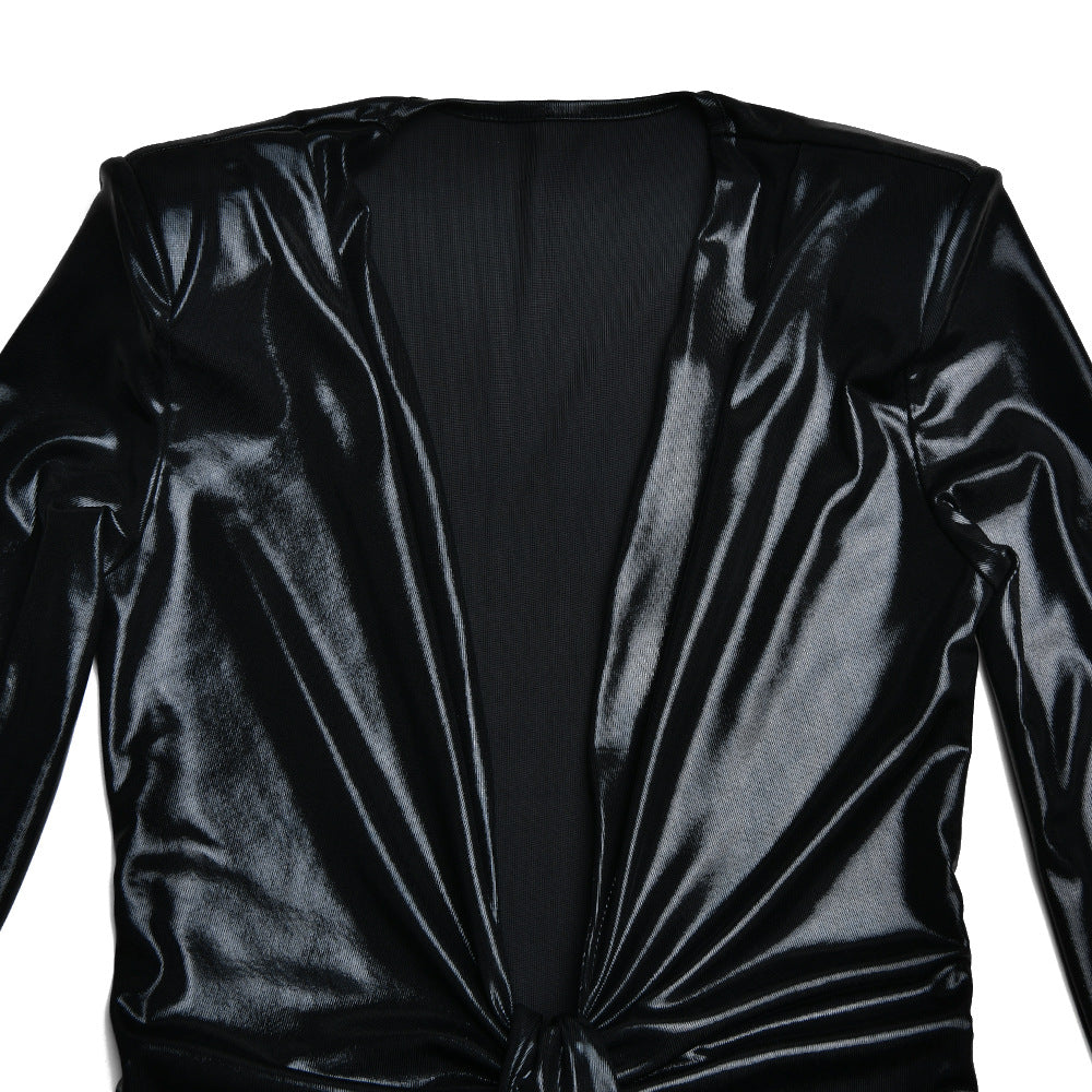 Sexy Chic V-Neck Long Sleeve Patchwork Pleated Leather Dress 21