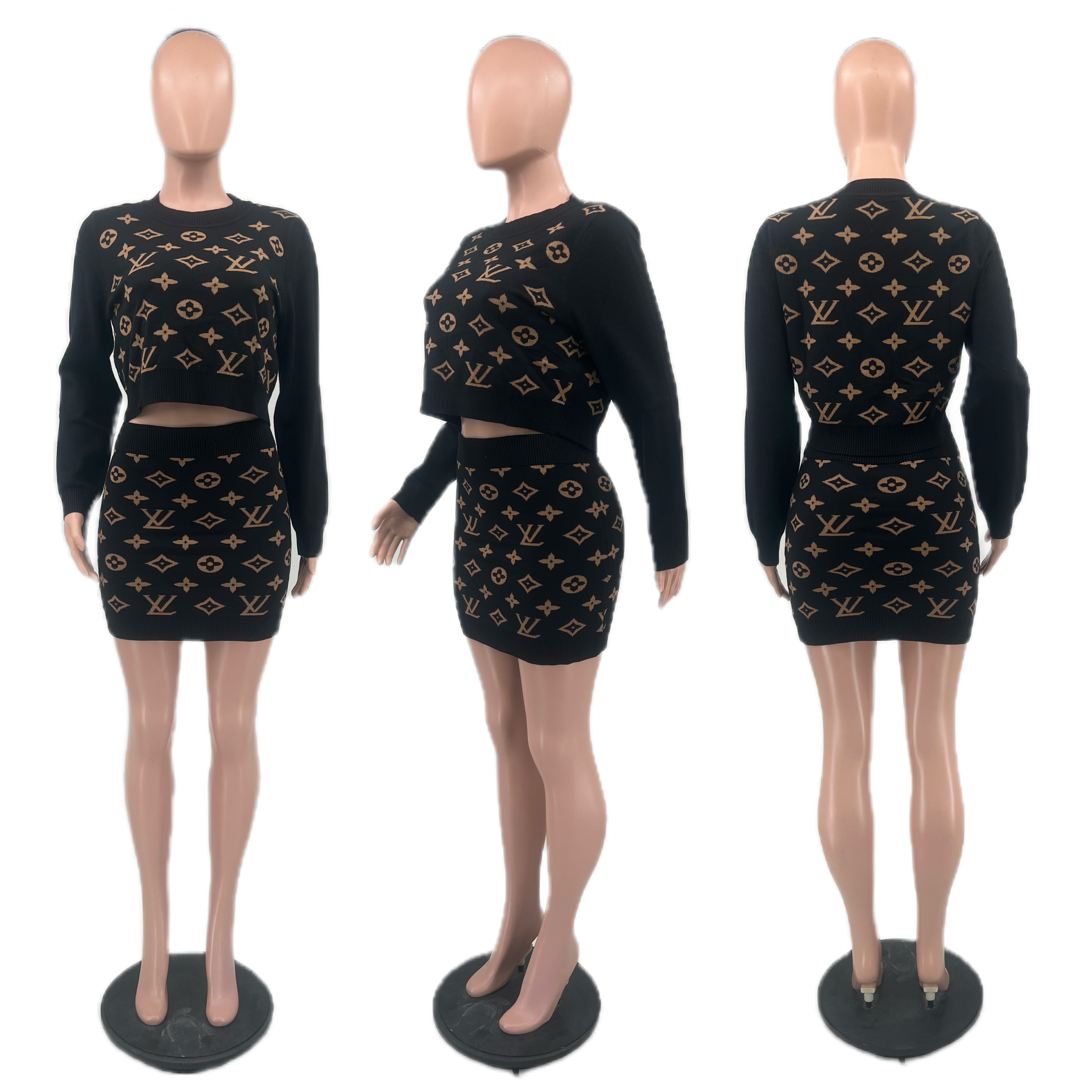 Women's Winter Round Neck Pullover Long Sleeve Sweater Short Skirt Two-Piece Set 15