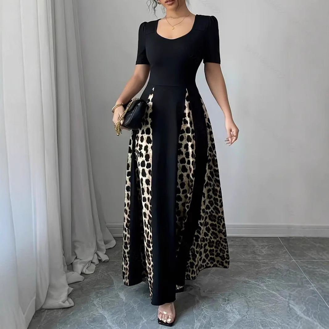 Plus Size Women Summer Short Sleeve U-neck Leopard Patchwork Elegant Dress