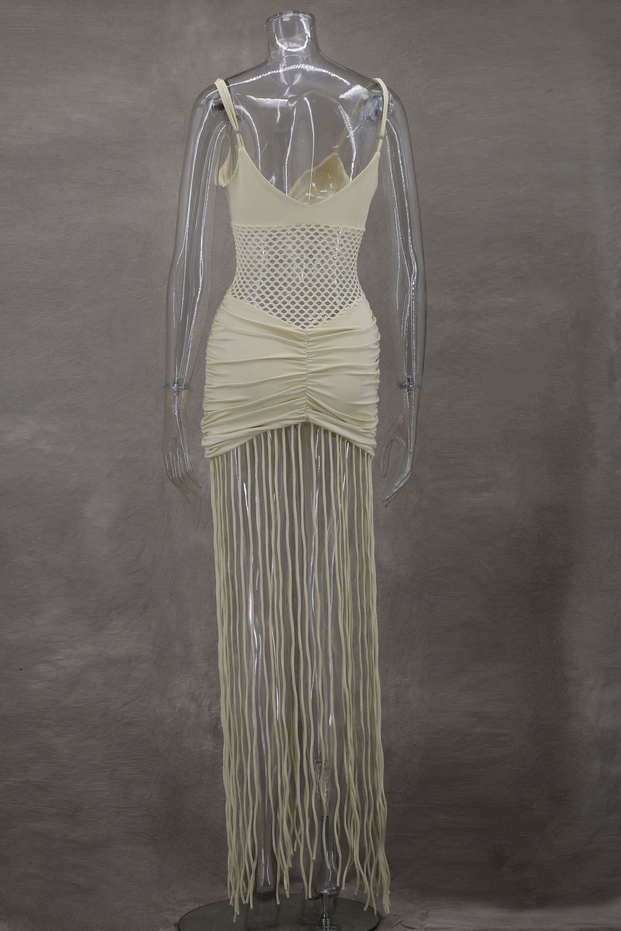 Spring Summer Fashion Strappy Mesh Open Waist Sexy Pleated Bodycon Fringe Dress 12