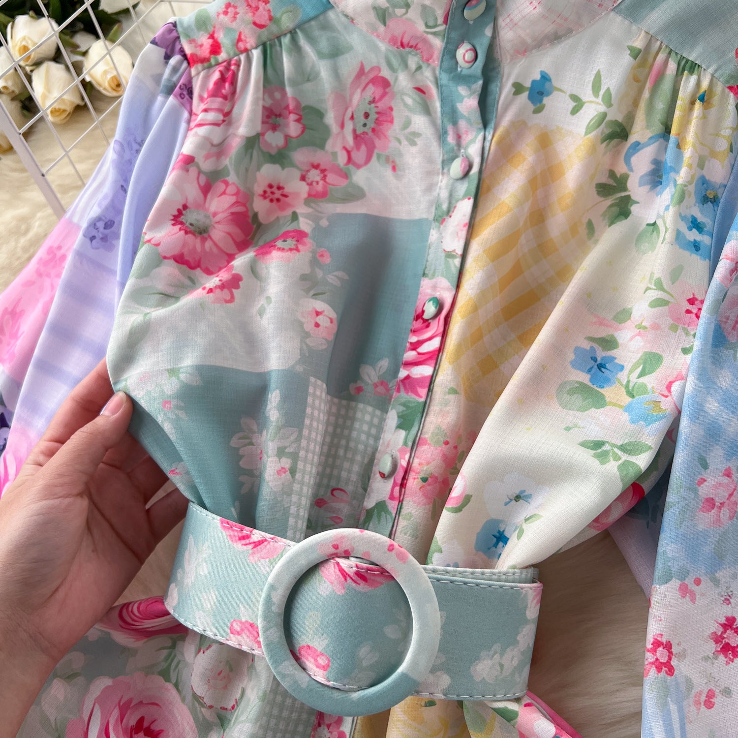 Women Stand Collar Lantern Long Sleeve Ruffle Printed Dress 11