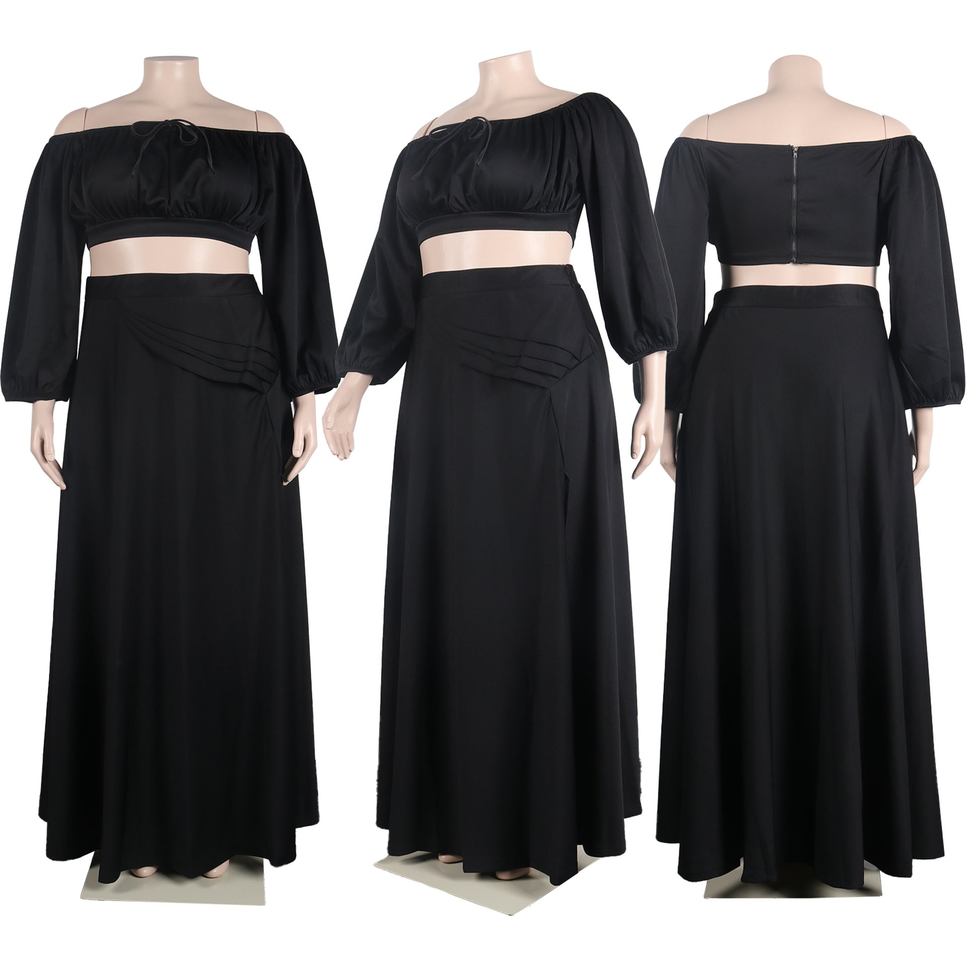 Plus Size Women Sexy Off Shoulder Balloon Sleeve Top and Skirt Two-Piece Set 21