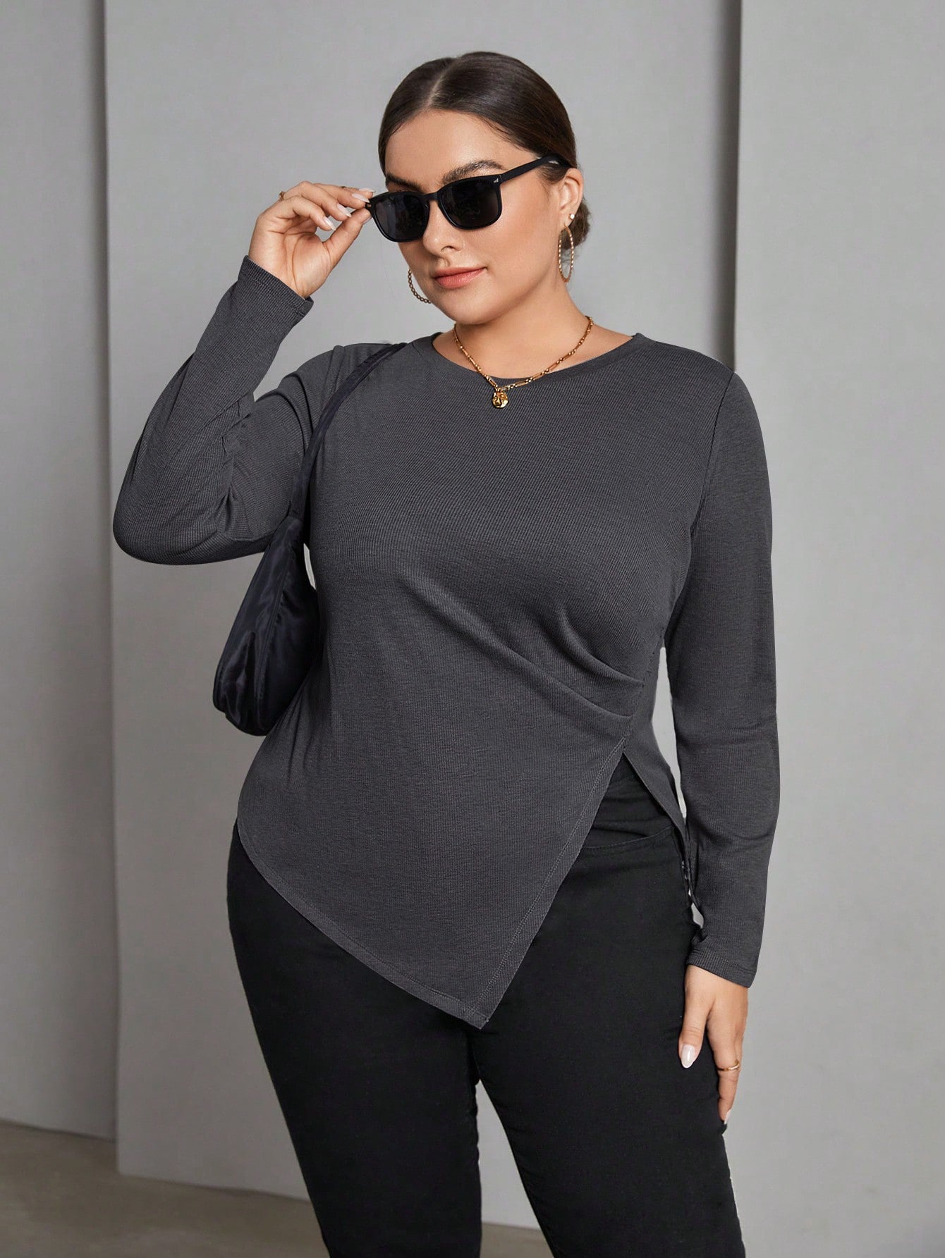 Plus Size Women's Autumn And Winter Long Sleeve T-Shirt Irregular Slit Versatile Basic Slim Top 4