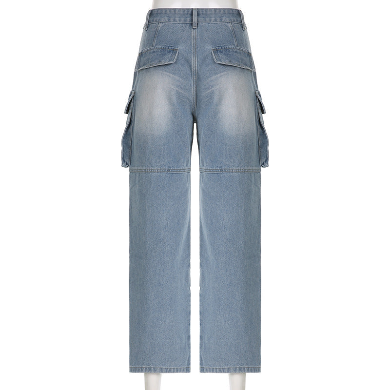 Women Pocket Loose Washed Cargo Denim Pants 12