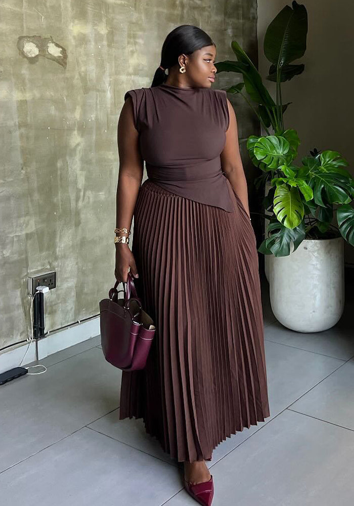 African Women Solid Irregular Sleeveless Crop Top Pleated Skirt Two-piece Set