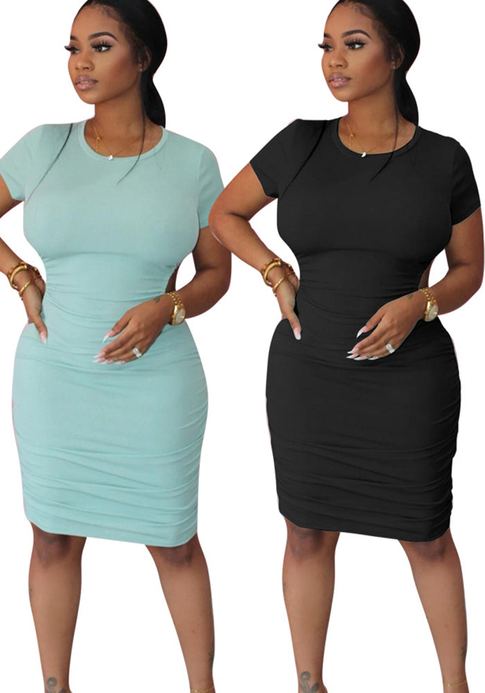 Spring Summer fashionable solid color round neck back hollow midi dress