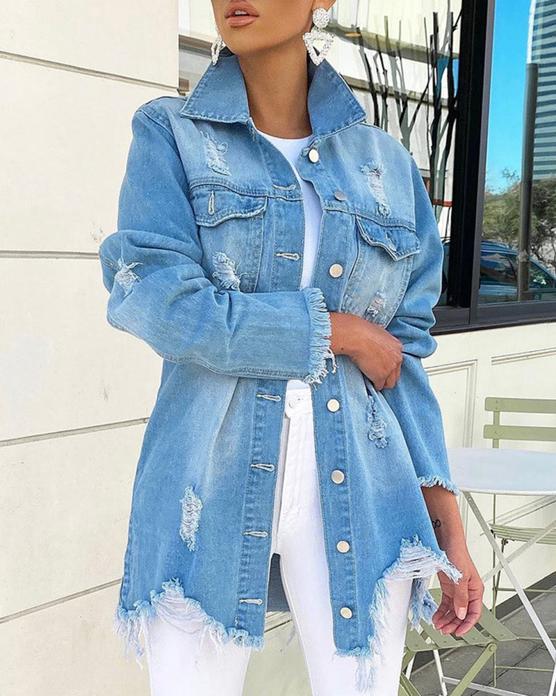 Blue Irregular Ripped Long Sleeves Denim Shirts 3