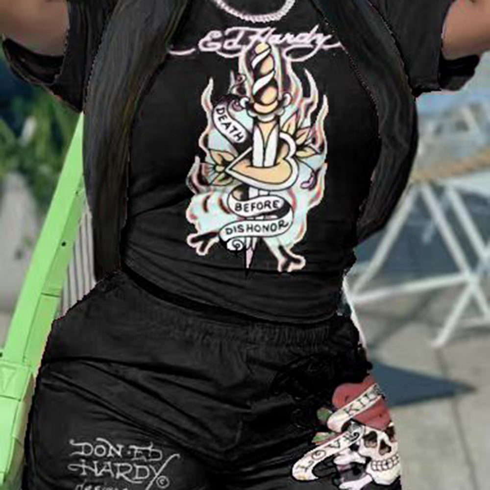 Women's Spring And Summer Printed Short-Sleeved Sports Two-Piece Shorts Set 4