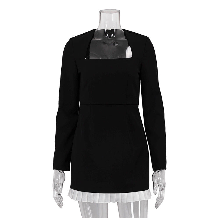 Elegant Contrast Color Patchwork Black Long Sleeve Square Collar High Waist Dress 6
