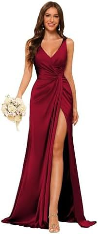 Women's Strap V-Neck Bridesmaid Dress Sleeveless Satin High Slit Prom Dress（Processing time need 3-6 days） 8