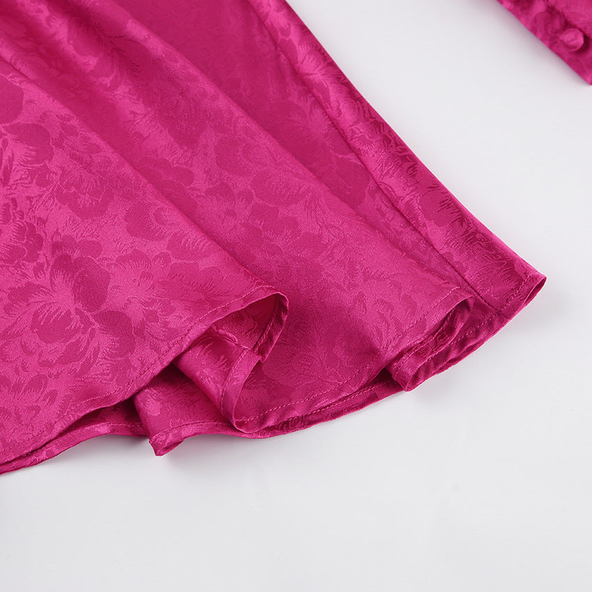 Autumn V-Neck Cut-Out Jacquard Lantern Sleeve Short Dress 17