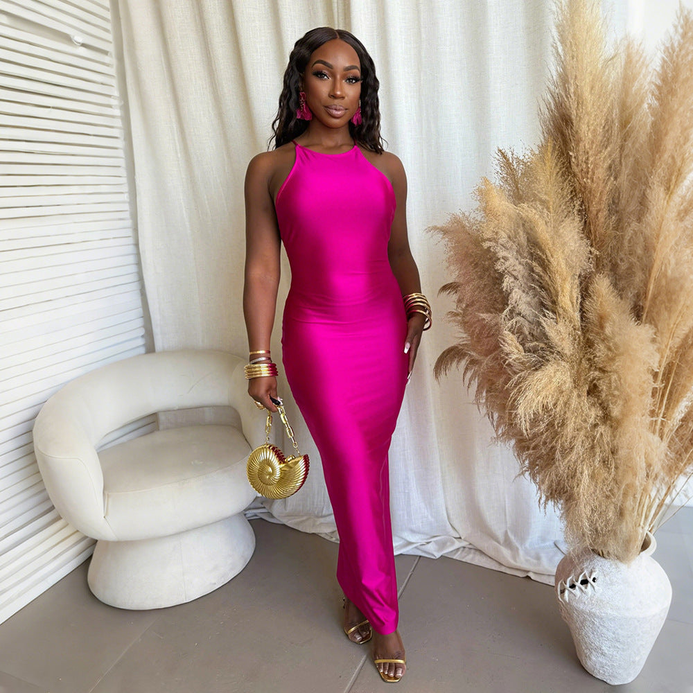 Women's Slim Fit Halter Neck Solid Color Long Dress 3