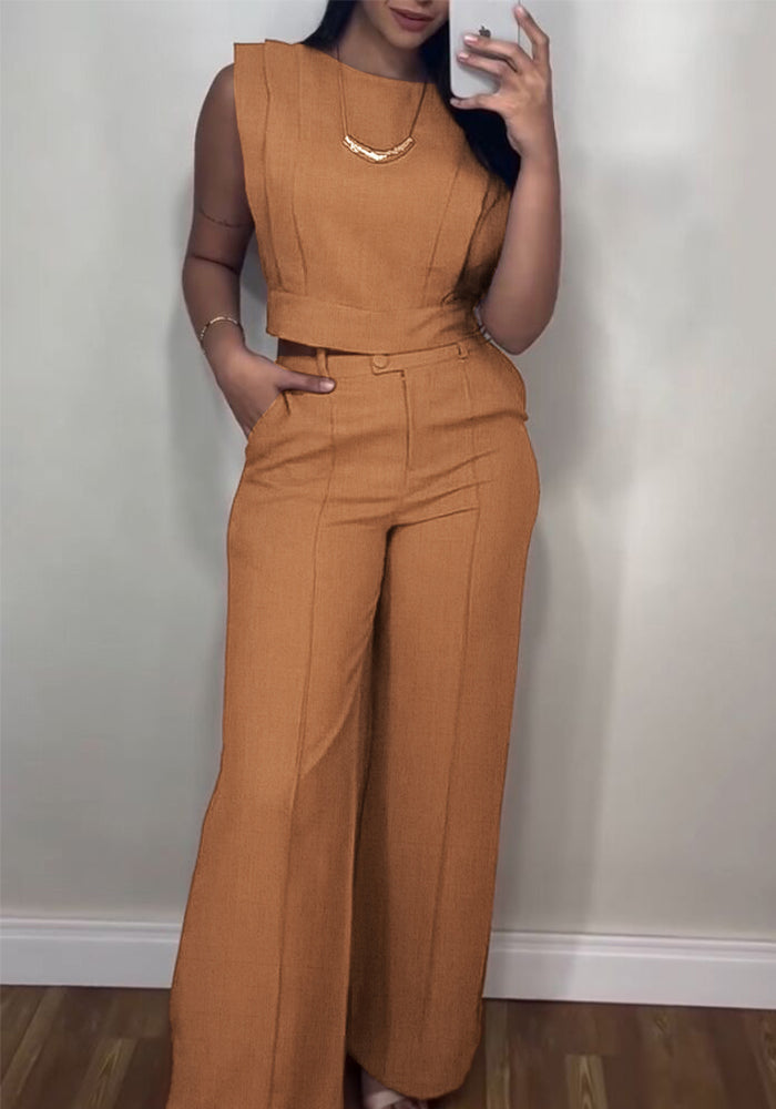 Women Round Neck Crop Top and Pants Casual Two Piece Set