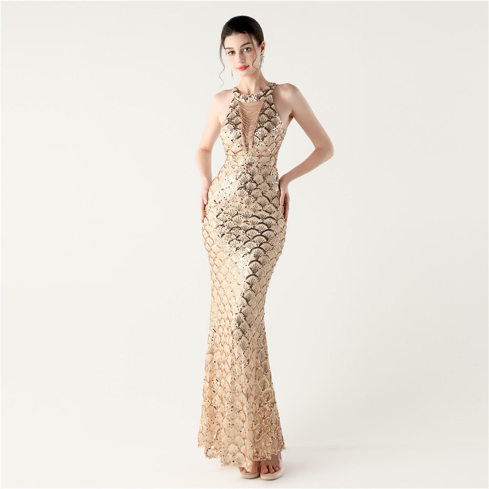 Women Halter Neck high collar hollow fishtail Bodycon fish scale sequin Formal Party evening dress 9