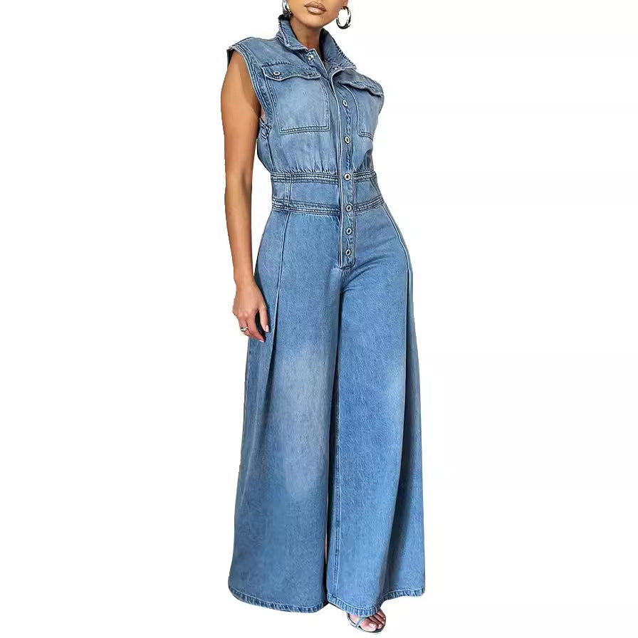 Women's Casual Sleeveless Denim Wide Leg Jumpsuit 4