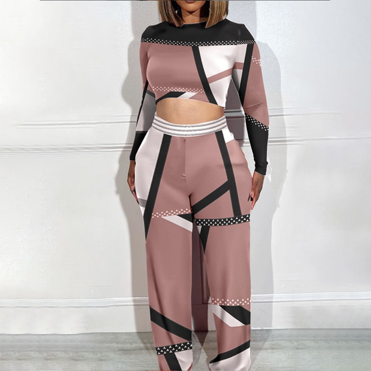 Women Printed Color Block Crop Top and Wide Leg Pants Two Piece Set 3
