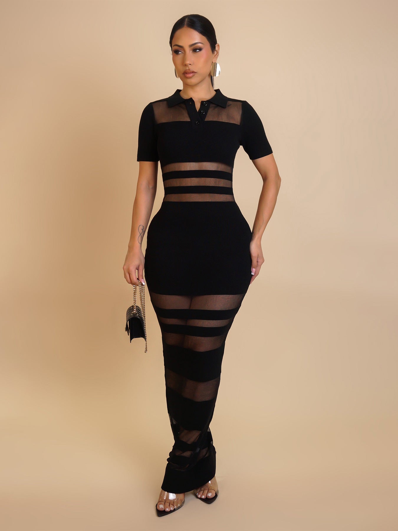 Feminine Mesh Patchwork Turndown Collar Bodycon Dress 8