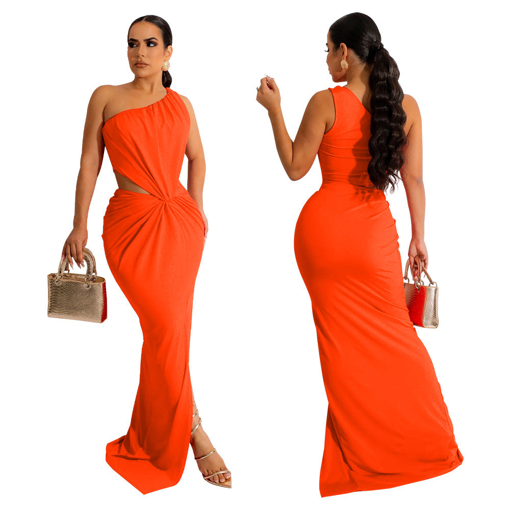 Women'S Sexy Open Waist Slash Shoulder Solid Sleeveless Pleated Maxi Dress 5