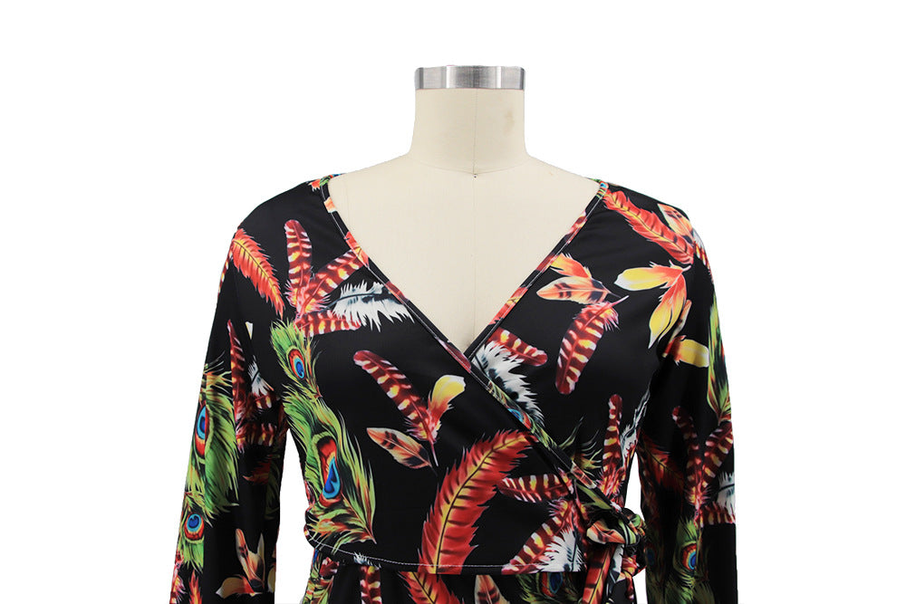 Plus Size Women Feather Print Sexy Slit Dress 29