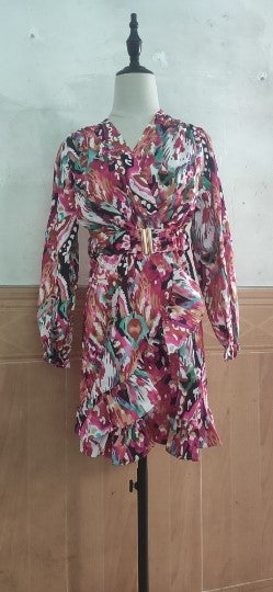 Fashion Print Slim Waist V-Neck Long Sleeve Dress 7