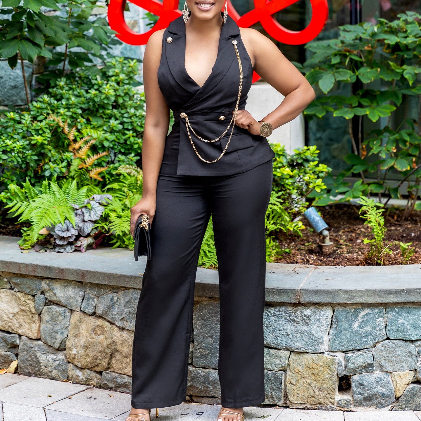 Women's Turndown Collar Sexy Fashion Chain Casual Wide Leg Africa Jumpsuit 4