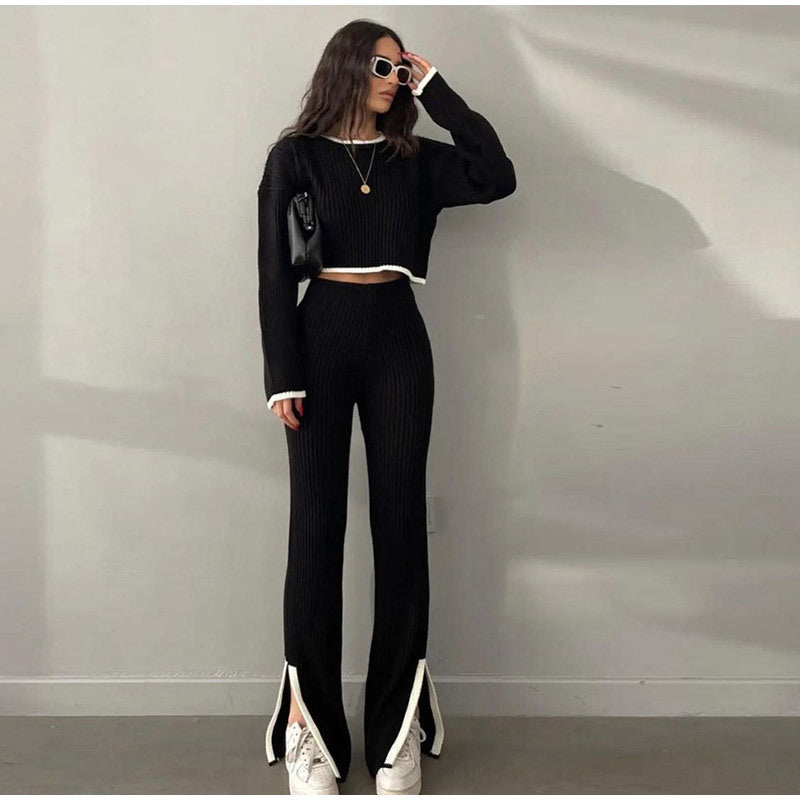 Autumn Casual Loose High Waist Elegant Slit two piece pants set 4
