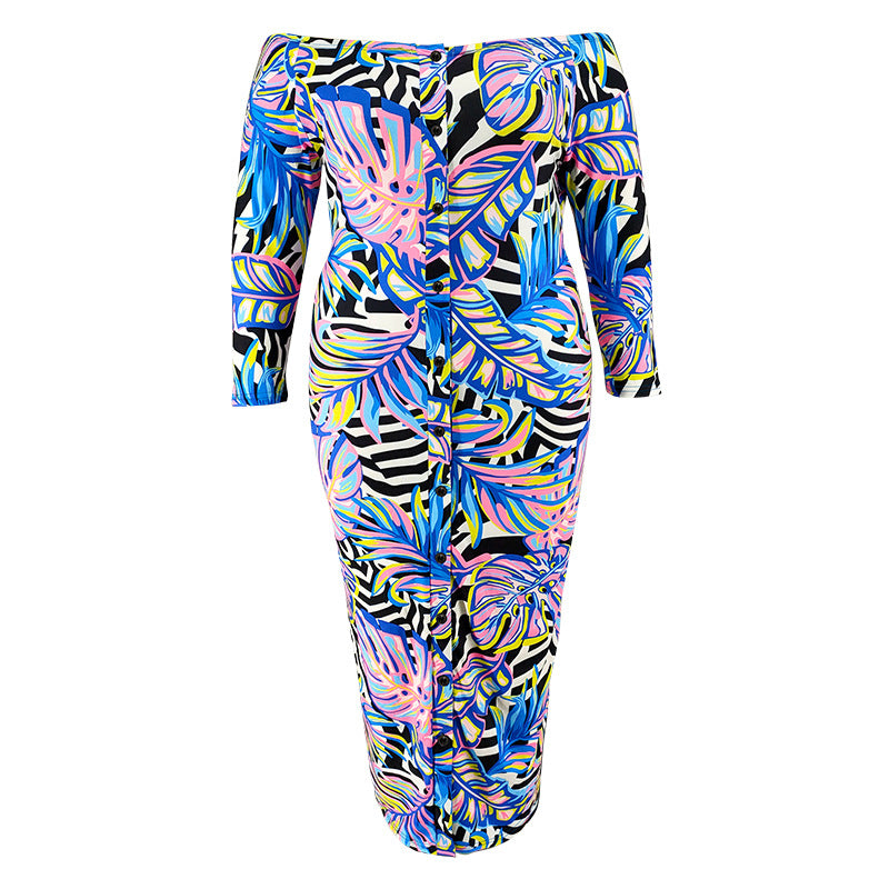 Plus Size Women's Off Shoulder Long Sleeve Printed Long Dress 4