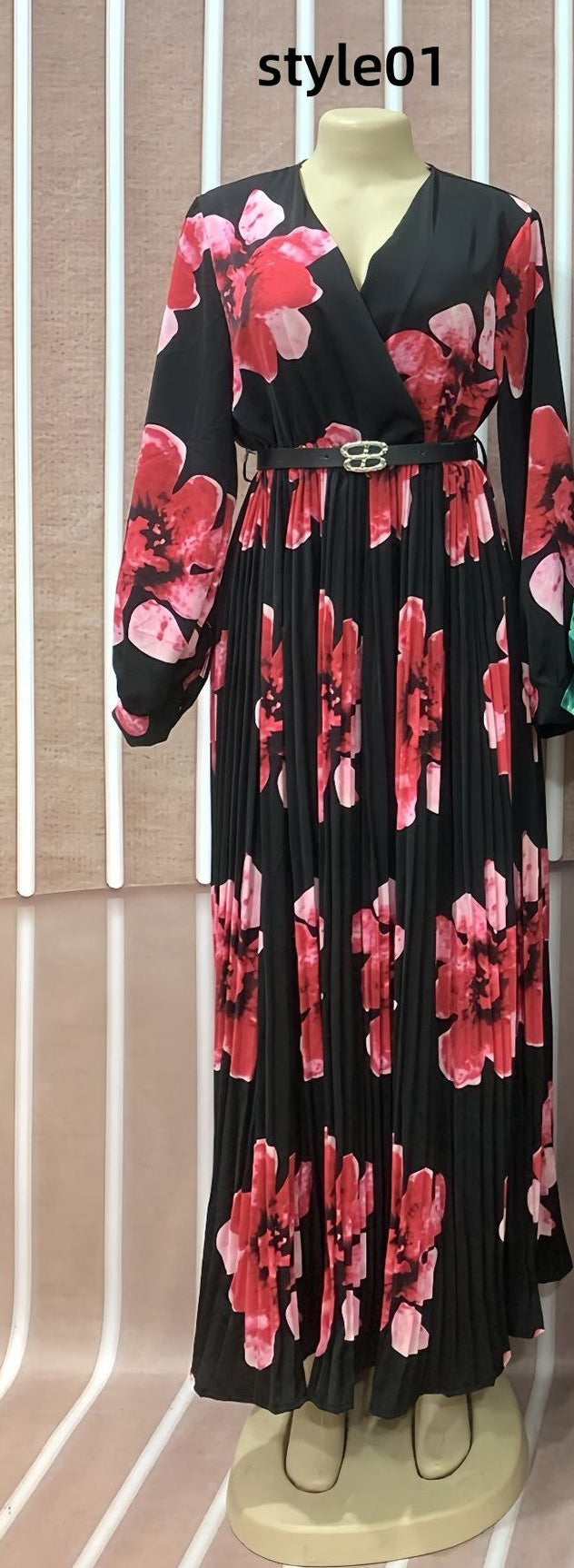 African Women Printed V-neck Long Sleeve Chiffon Dress with Belt