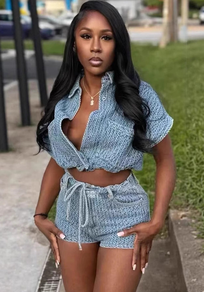 Women Summer Casual Denim Top and Shorts Two Piece Set