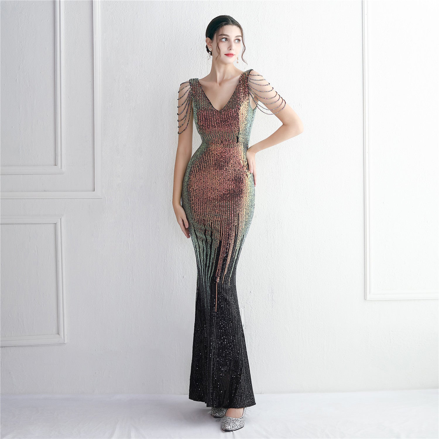 Mélange Sequin Beaded Evening Gown Long Formal Party Slim Evening Dress 3