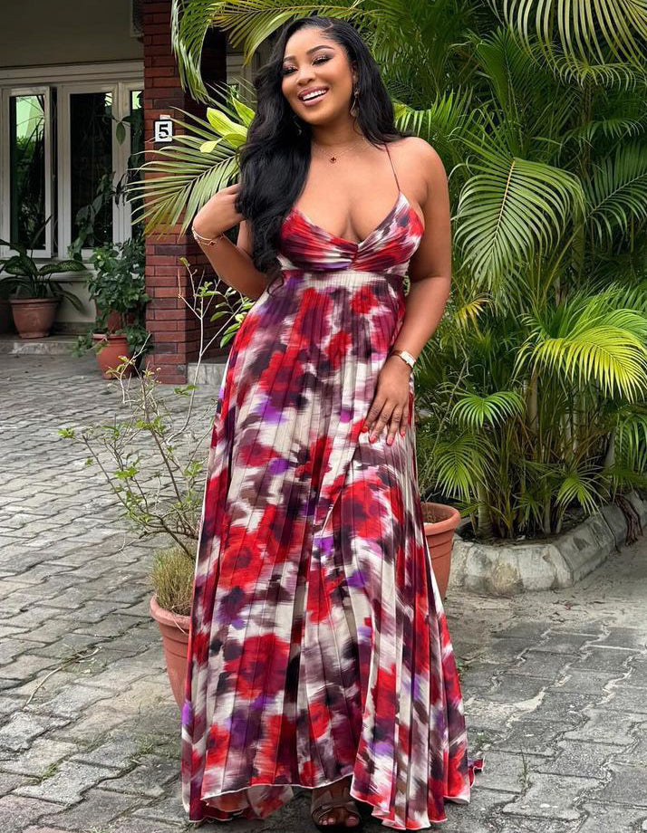African print pleated strap long sexy dress for women